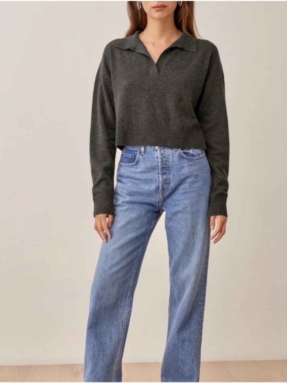 REFORMATION Cropped Cashmere Polo Sweater - Gray - Size XS